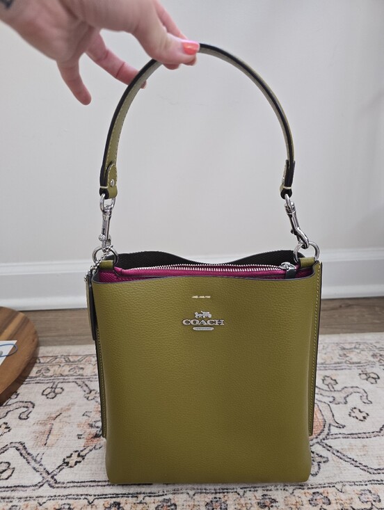 Coach Handbags - 💚 COACH Olive Green Leather Shoulder & Bucket Bag with Fuchsia Zip Accent 💚